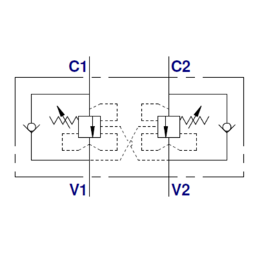 Soupape d'équilibrage à double effet pour électrovanne, en position centrale, fermée, de type VBCD DE A CC